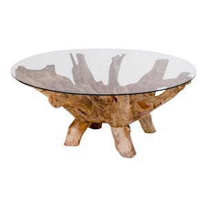 Table basse ronde en racine de teck Ø110 cm - plateau verre ARIZONA